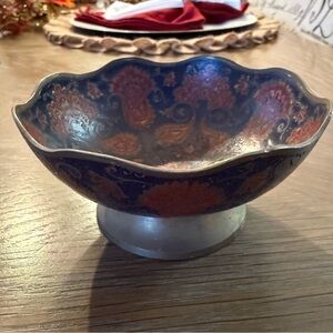 Vintage India Brass & Enamel Floral Pedestal Bowl Scalloped